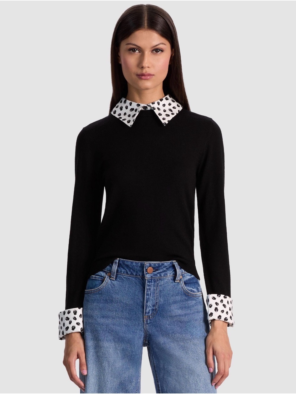 Alice + Olivia Black Crewneck Sweater with White Printed Collar & Cuffs